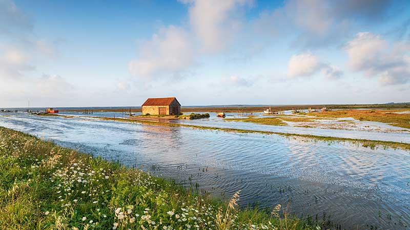 Blog Ambiental • Área costeira inundada com um pequeno celeiro e barcos cercados por água devido ao avanço do mar, representando os impactos das mudanças climáticas.