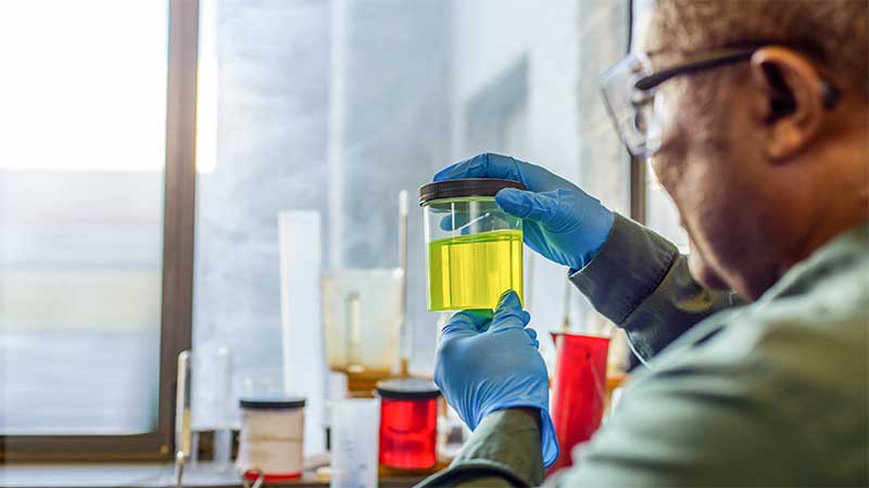 Blog Ambiental • Pesquisador analisa amostra de biocombustível verde em laboratório de energia sustentável.