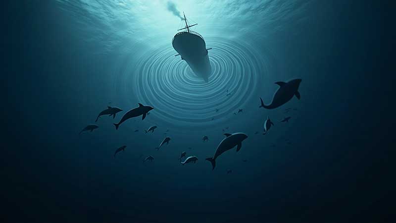 Cena subaquática realista com uma embarcação vista de baixo emitindo ondas sonoras concêntricas que se espalham pela água, interferindo em um grupo de golfinhos e peixes ao redor.