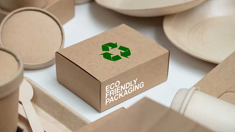 Caixa de papelão com selo de reciclagem e a frase "eco friendly packaging", cercada por embalagens sustentáveis.
