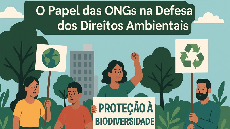 Blog Ambiental • Ilustração de ativistas com cartazes de proteção ambiental, simbolizando o papel das ONGs na defesa dos direitos ambientais.