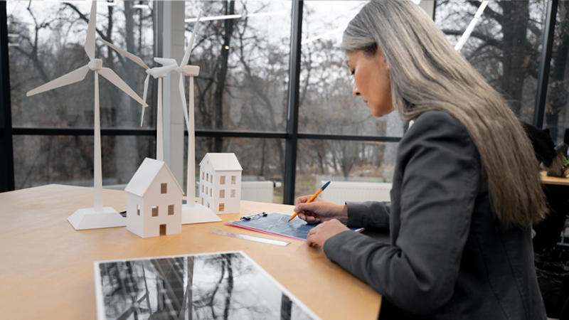 Mulher com cabelo grisalho analisando projetos sustentáveis em uma mesa com maquetes de casas, turbinas eólicas e painel solar, simbolizando inovação e planejamento em edificações ambientalmente responsáveis.