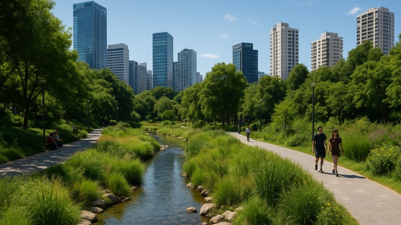 Blog Ambiental • Vista realista de uma cidade moderna com rio renaturalizado, vegetação densa, caminhos sustentáveis e prédios ao fundo, representando infraestrutura verde e azul urbana.