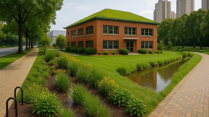 Blog Ambiental • Cena urbana mostrando calçamento permeável, jardim de chuva e prédio com telhado verde, com vegetação nativa e prédios modernos ao fundo.