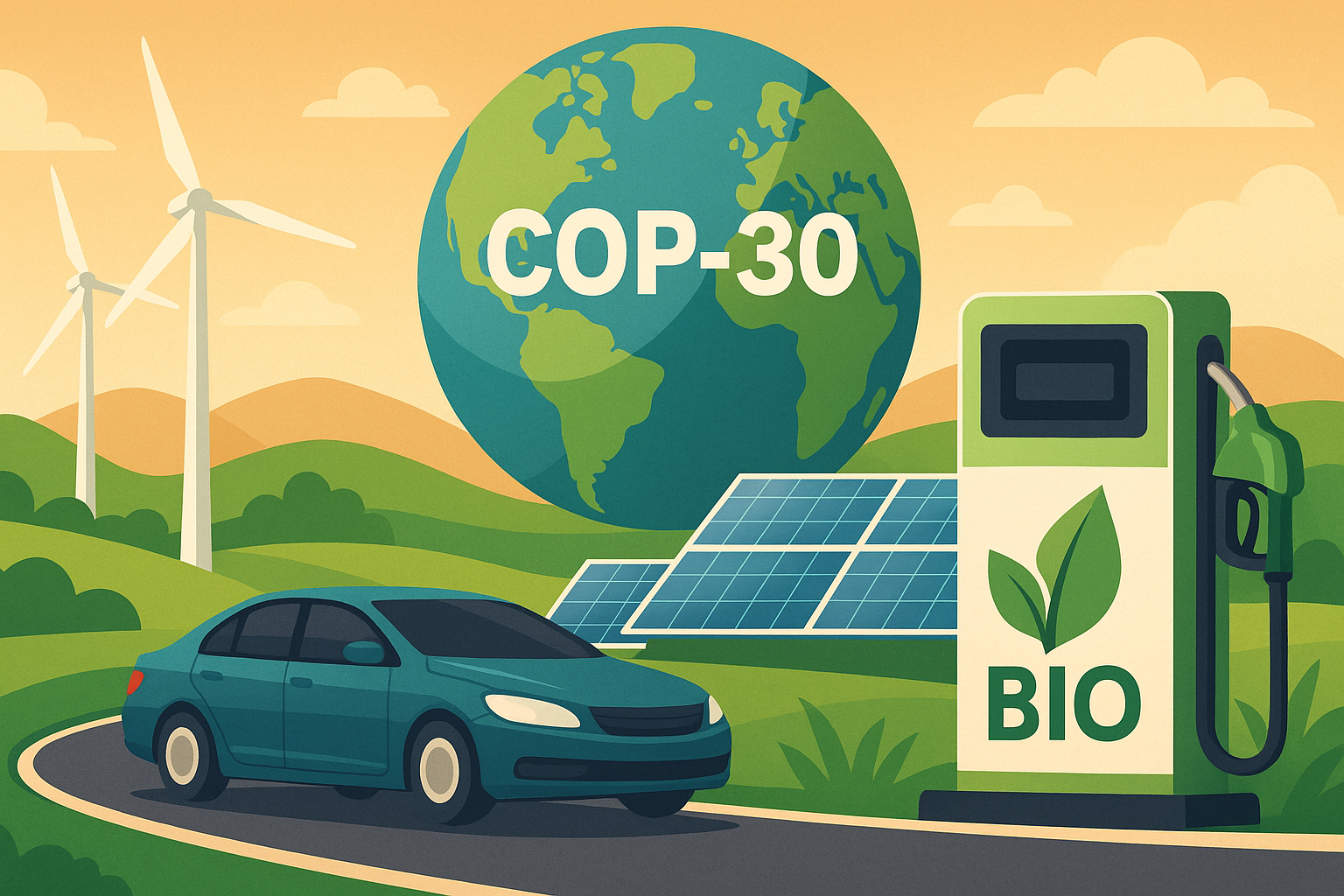 Blog Ambiental • Ilustração representando biocombustíveis e mobilidade sustentável no Brasil, com elementos de energia limpa e paisagem tropical.