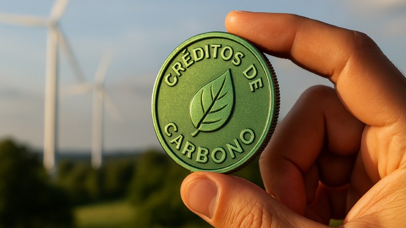 Blog Ambiental • Mão segurando moeda verde com a inscrição “Créditos de Carbono”, com turbinas eólicas ao fundo em paisagem natural.
