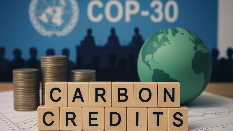 Blog Ambiental • Mão segurando ícone com a inscrição “Carbon Market” diante de paisagem natural, simbolizando o mercado de créditos de carbono e a COP-30.