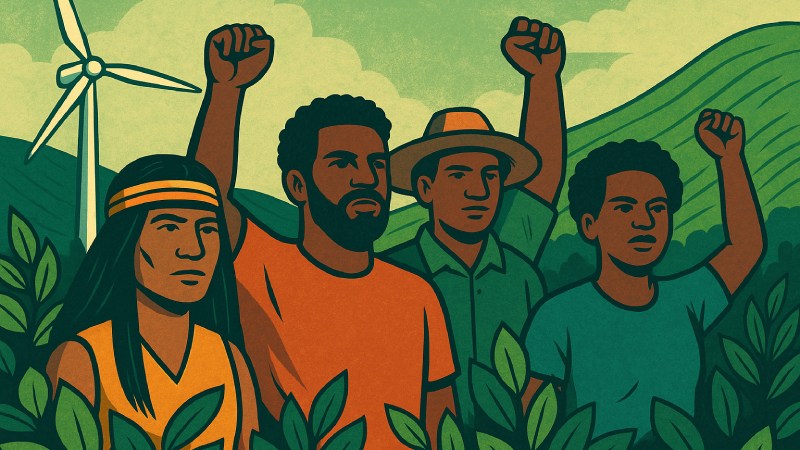 Blog Ambiental • Comunidades tradicionais e povos indígenas erguendo os punhos entre a natureza, simbolizando resistência e união pela justiça climática.