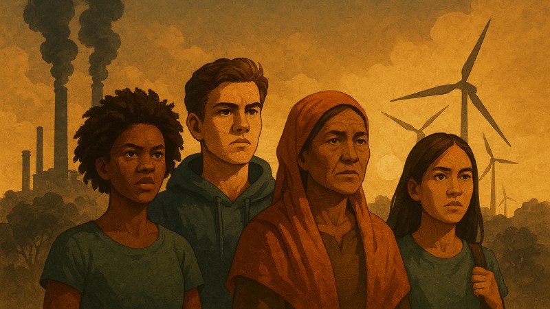 Blog Ambiental • Grupo diverso de pessoas olhando para o horizonte, com fundo de turbinas eólicas e poluição industrial, simbolizando a luta por justiça climática e energia limpa.