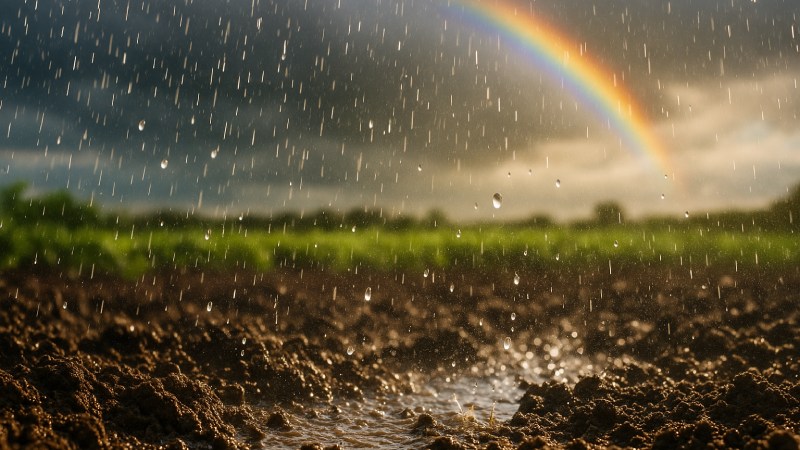 Blog Ambiental • Gotas de chuva caindo sobre solo úmido com arco-íris ao fundo, ilustrando o petricor e a vitalidade do solo.