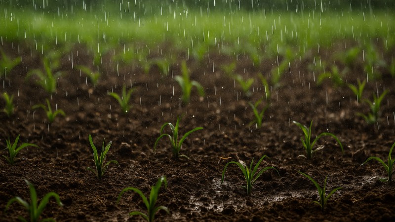 Blog Ambiental • Gotas de chuva caindo sobre mudas verdes brotando em solo fértil, representando o fenômeno do petricor e a vitalidade do solo.