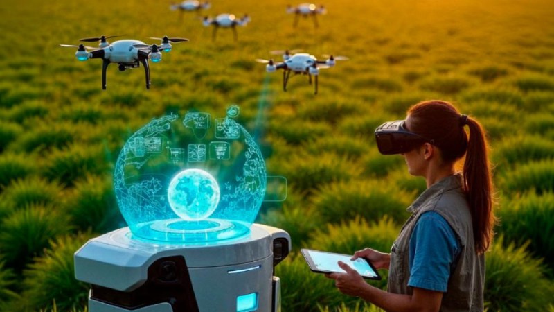 Agricultora usando óculos de realidade virtual para controlar drones e sistemas agrícolas automatizados.