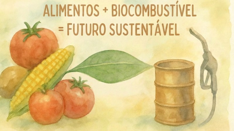 Blog Ambiental • Ilustração de milho, tomates e barril com folha simbolizando biocombustível sustentável