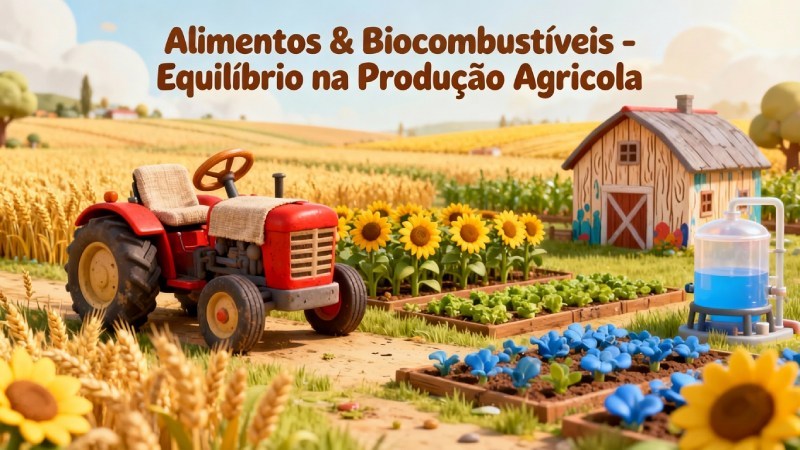 Blog Ambiental • Ilustração de trator em plantação com girassóis e horta sustentável