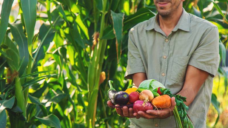 Blog Ambiental • Agricultor apresentando alimentos produzidos em sistema agroecológico