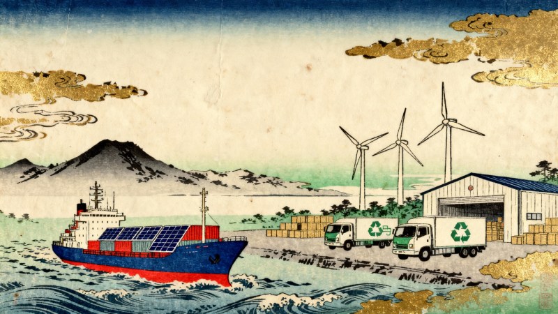 Navio com painéis solares, caminhões de reciclagem e turbinas eólicas próximos a um porto, em estilo artístico oriental, simbolizando uma cadeia logística sustentável.