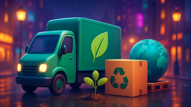 Caminhão verde com símbolo de folha ao lado de uma caixa com ícone de reciclagem e um globo terrestre, representando logística sustentável e economia circular.
