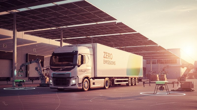 Caminhão elétrico com estampa “Zero Emissions” em um centro logístico equipado com robôs e cobertura de painéis solares, representando transporte sustentável e automação verde.