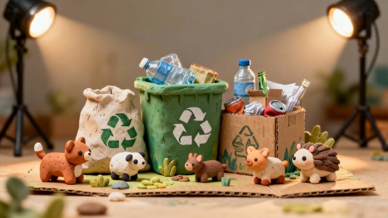 Blog Ambiental • Representação lúdica da reciclagem com resíduos separados, símbolos de economia circular e cuidado com o meio ambiente