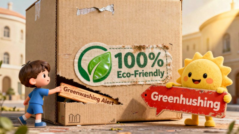 Blog Ambiental • Caixa rotulada como eco-friendly cercada por alertas de greenwashing e greenhushing.
