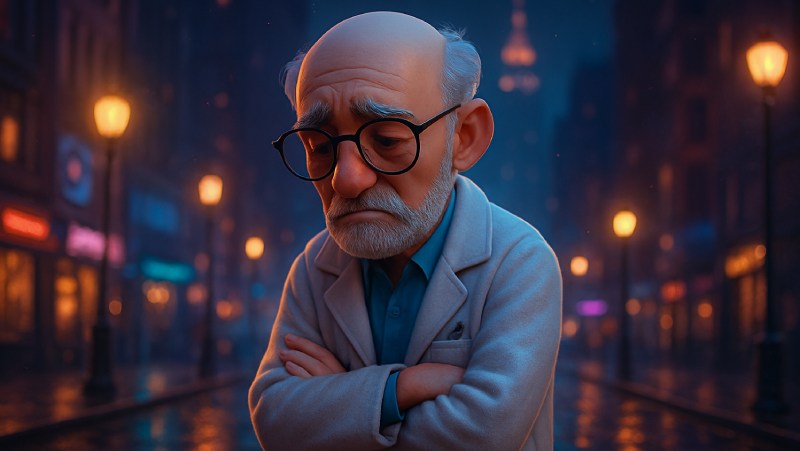 Blog Ambiental • Cientista idoso em ambiente urbano noturno simbolizando a solidão científica e o isolamento institucional na pesquisa