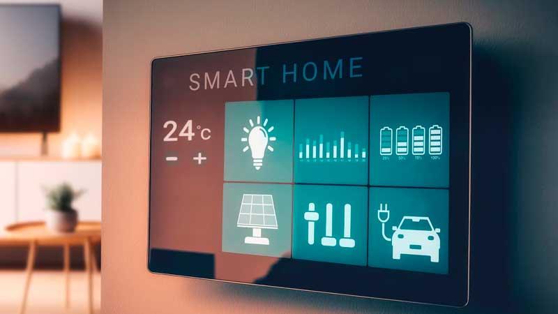 Painel de smart home exibindo controle inteligente de energia, iluminação, temperatura e consumo energético em residência | Blog Ambiental