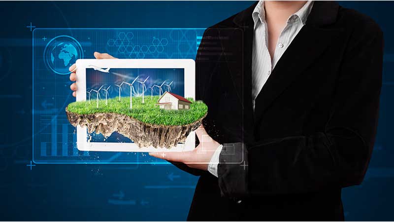 Ilustração de sistemas inteligentes de energia com uso de tecnologia digital, energia renovável e eficiência energética em residências | Blog Ambiental